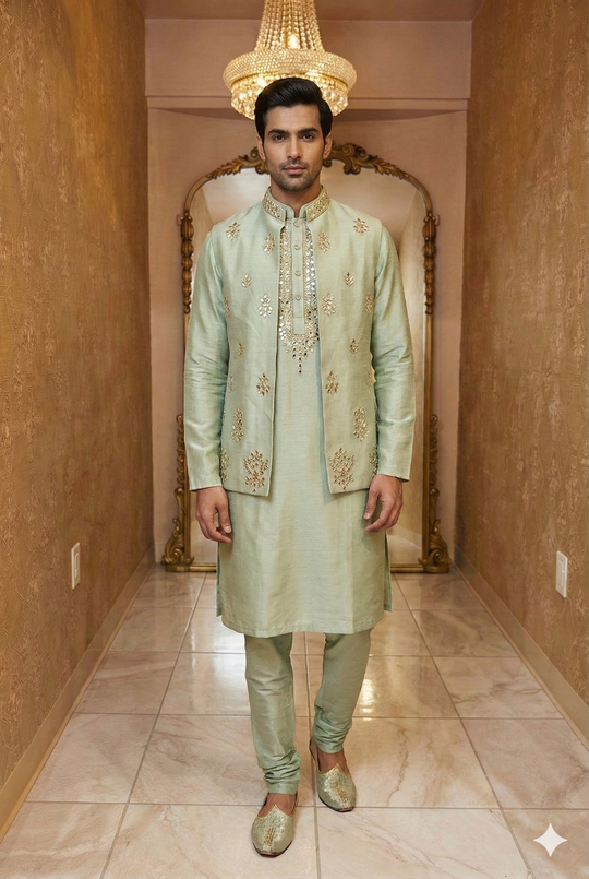 Mint Green Silk Sherwani Jacket