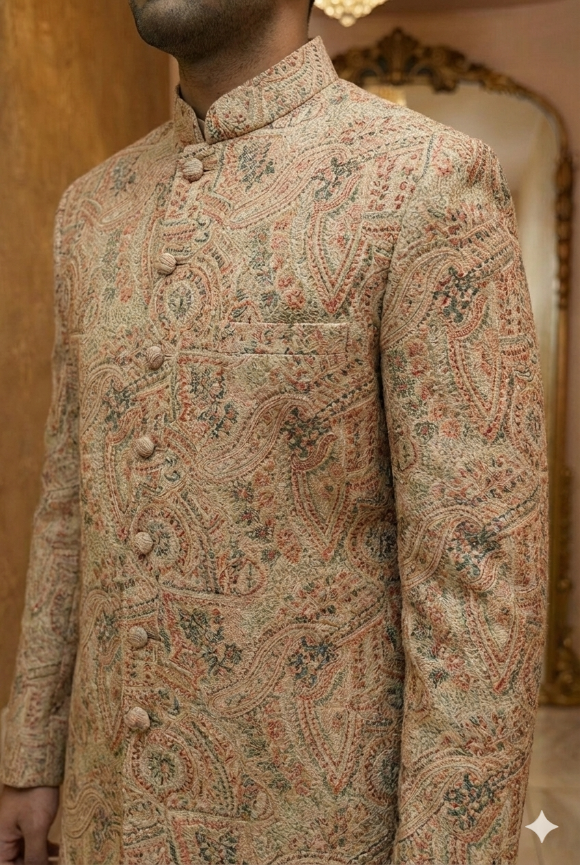 Luxury Beige &amp; Gold Paisley Sherwani