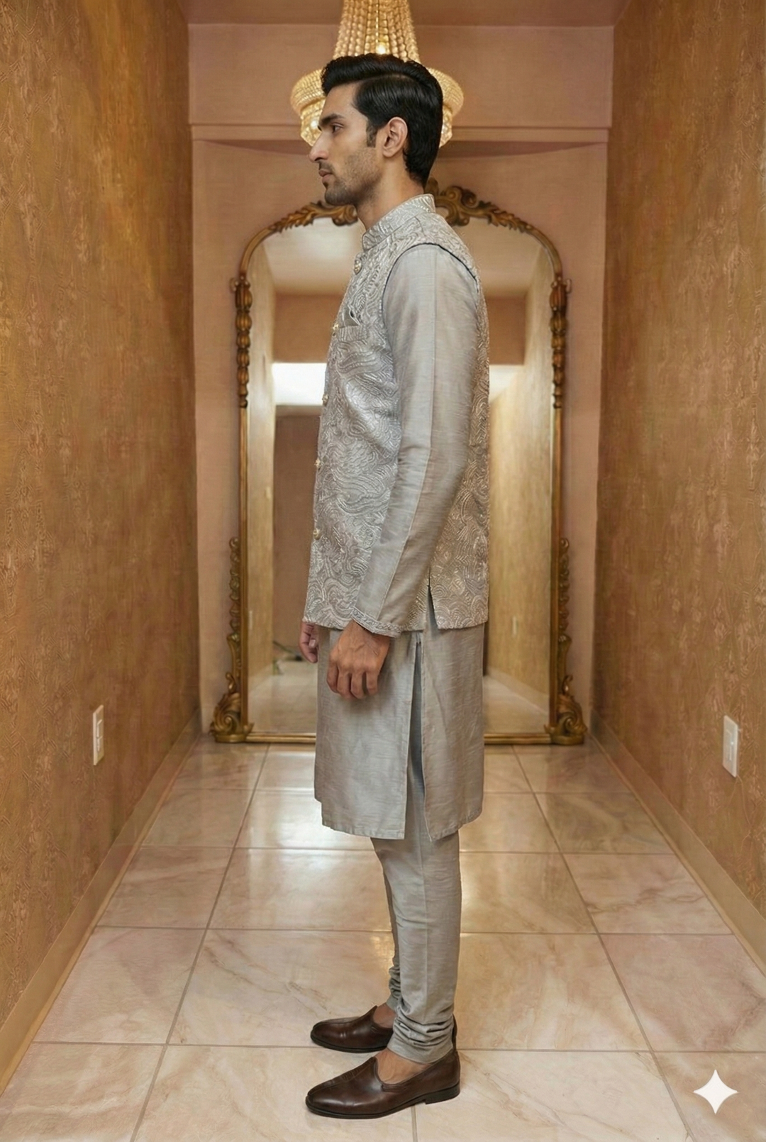 Silver Grey Textured Sherwani Set