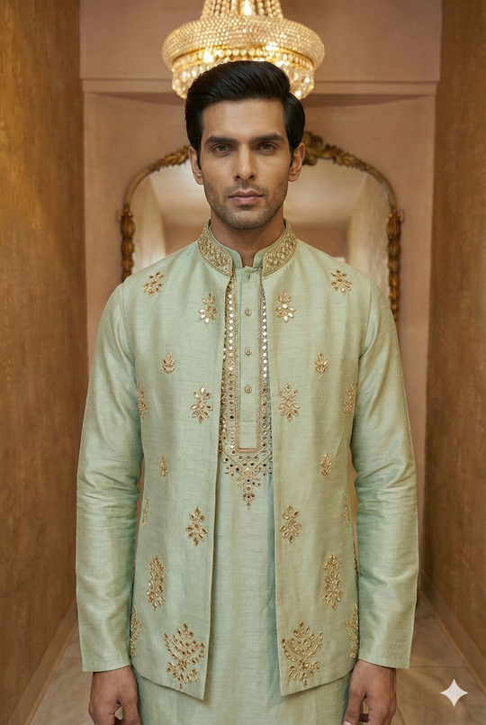 Mint Green Silk Sherwani Jacket