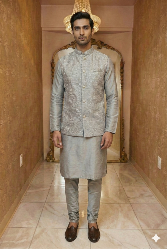 Silver Grey Textured Sherwani Set