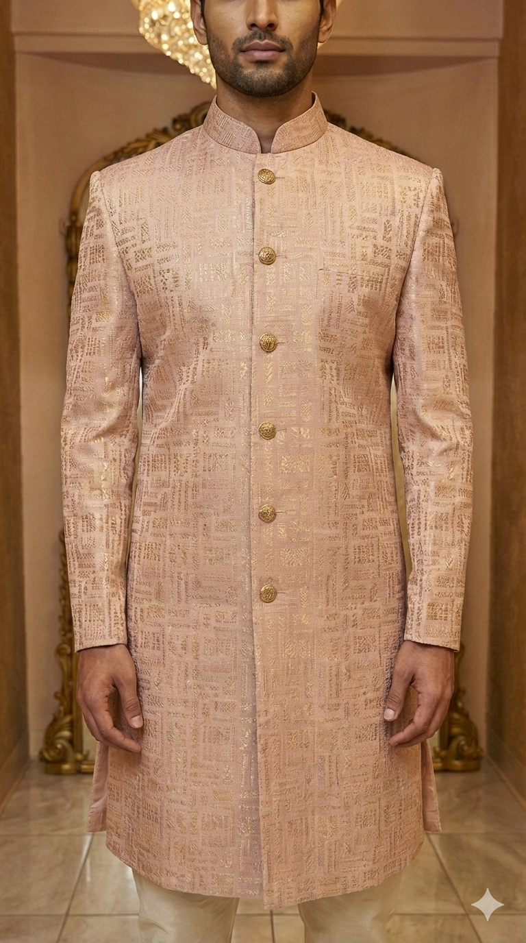 Peach Geometric Jacquard Sherwani
