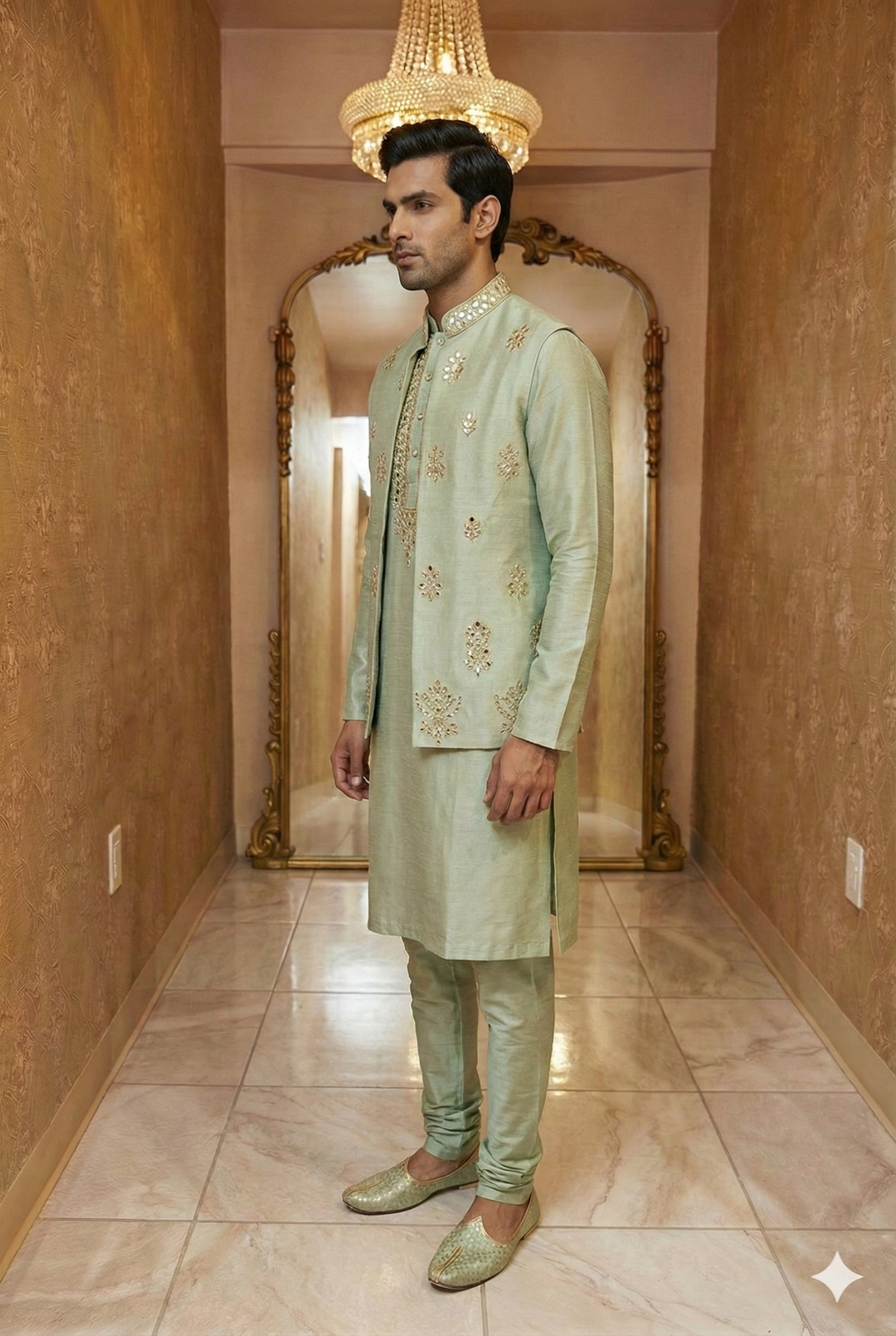 Mint Green Silk Sherwani Jacket