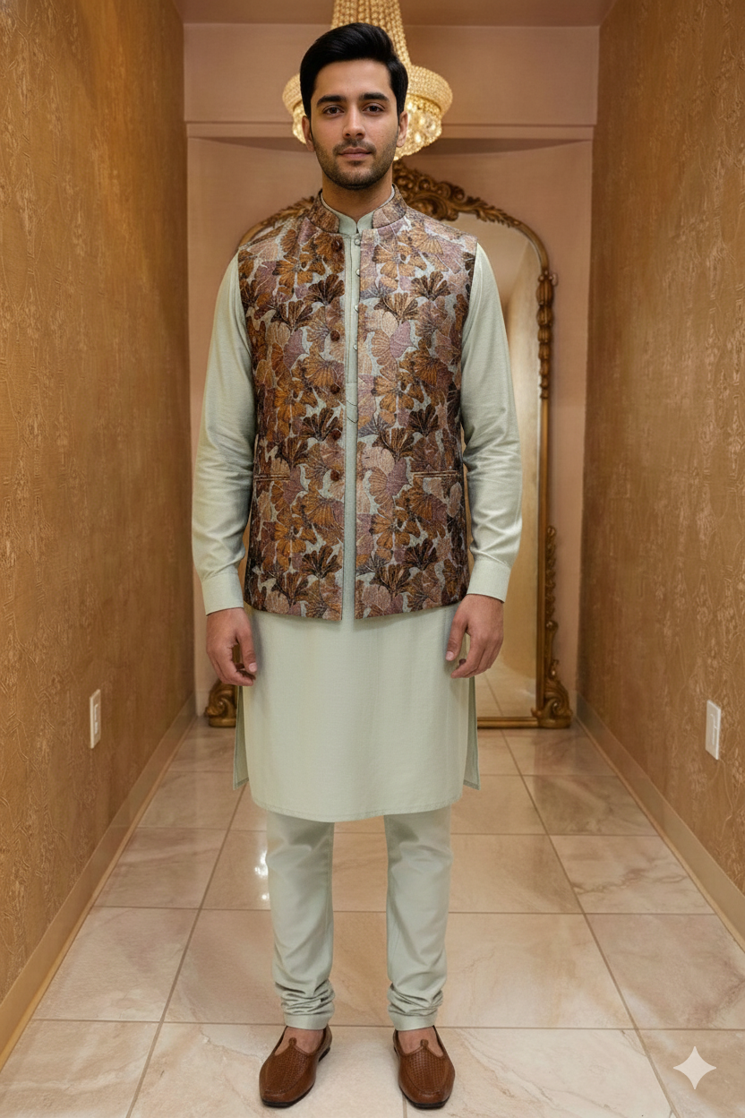 Mint Green Sherwani with Waistcoat