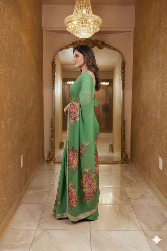 Green Floral Georgette Saree