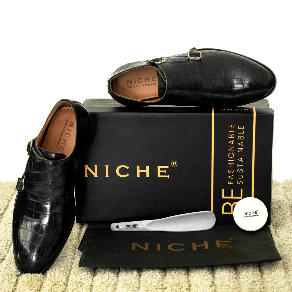 Black Fab Croco Double Monk