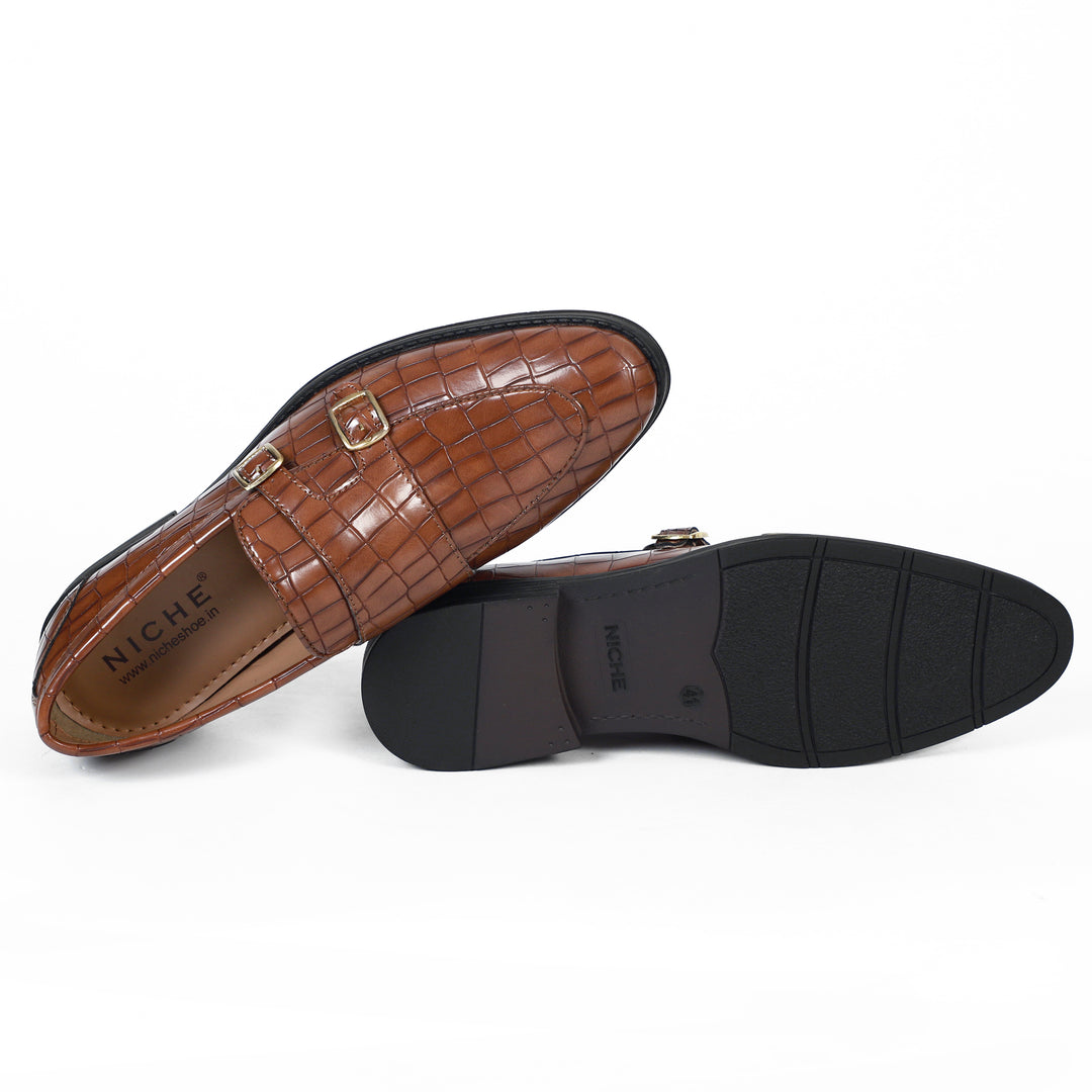 Tan Croco Pattern Luxurious Double Monk