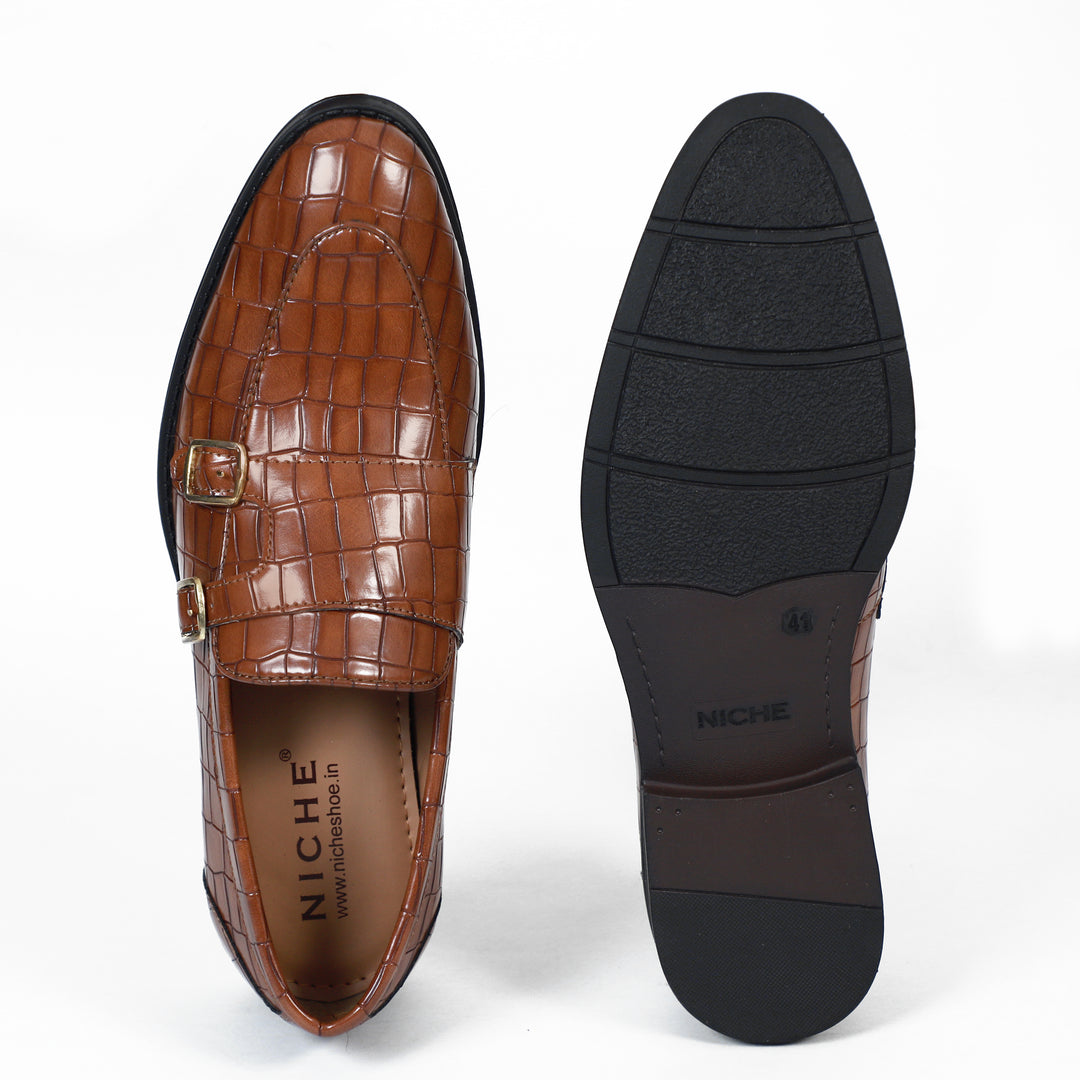 Tan Croco Pattern Luxurious Double Monk