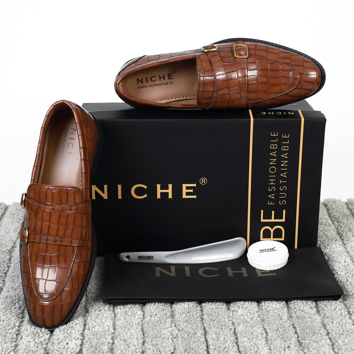 Tan Croco Pattern Luxurious Double Monk