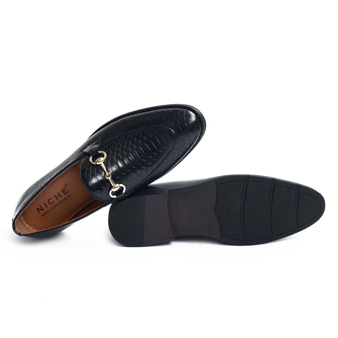 Black Python Print Horsebit Loafers