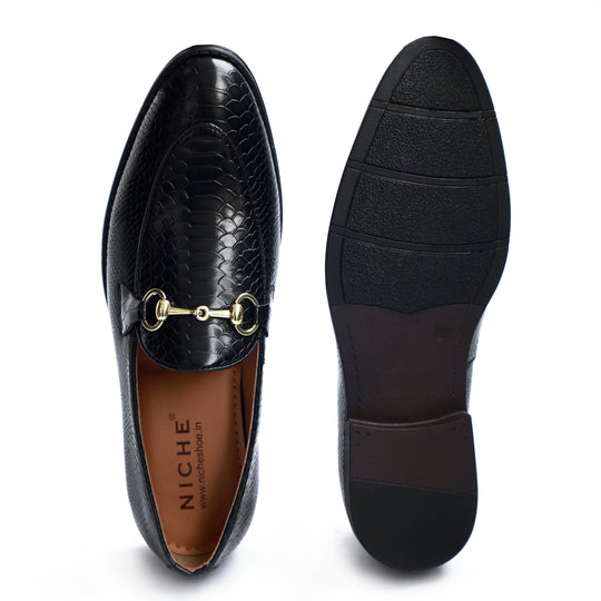 Black Python Print Horsebit Loafers