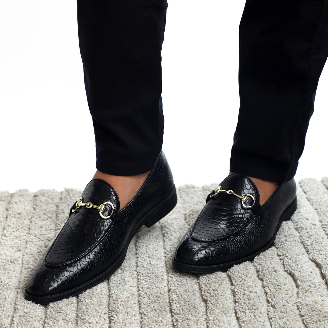 Black Python Print Horsebit Loafers