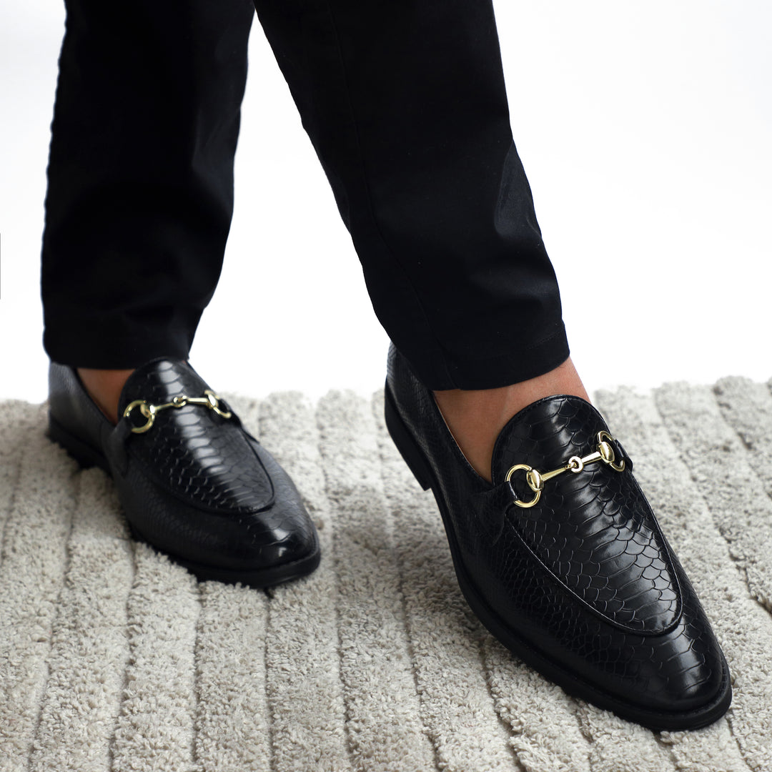 Black Python Print Horsebit Loafers