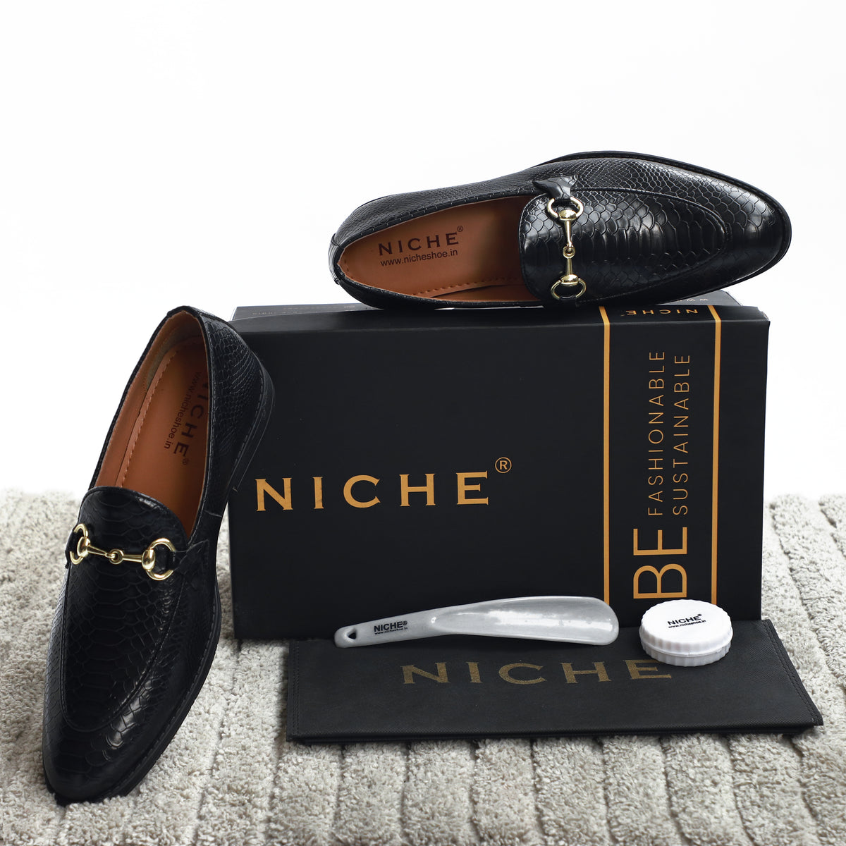 Black Python Print Horsebit Loafers
