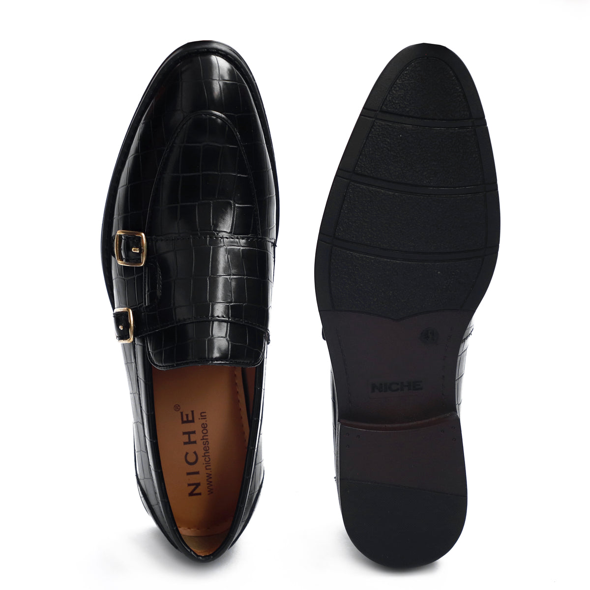 Black Croco Pattern Luxurious Double Monk