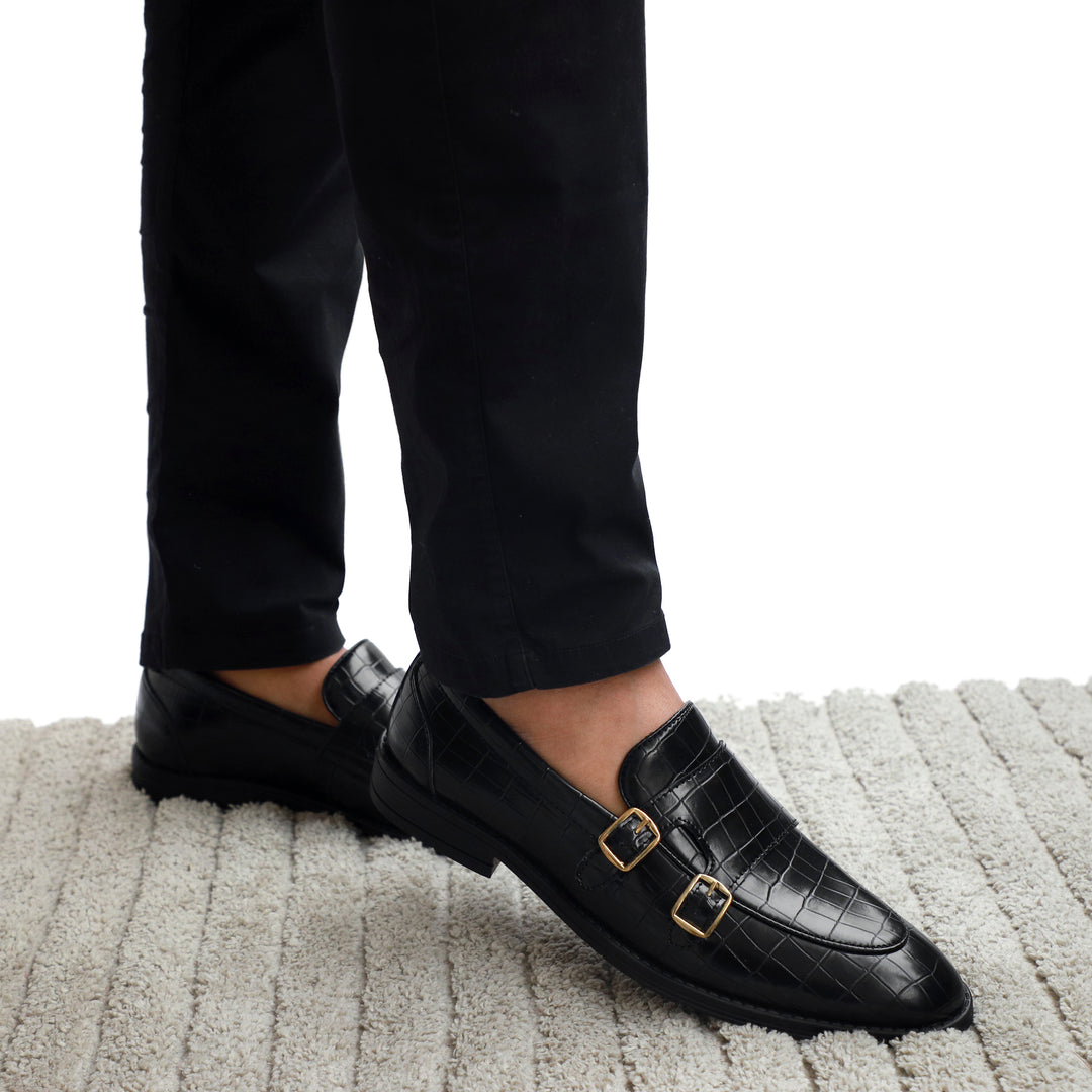Black Croco Pattern Luxurious Double Monk