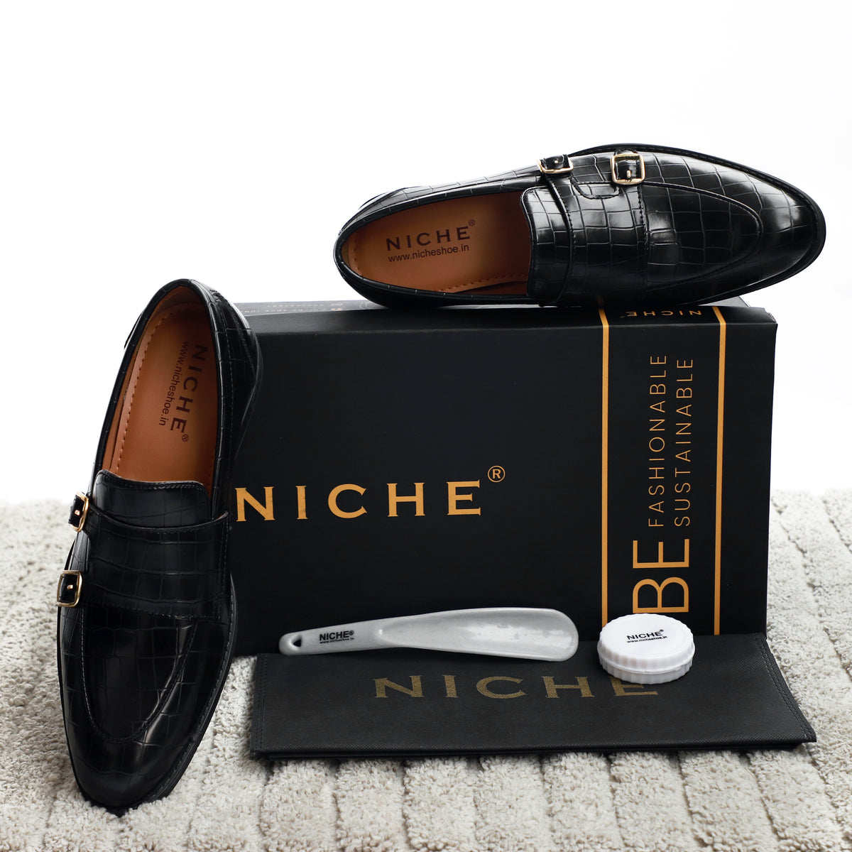 Black Croco Pattern Luxurious Double Monk