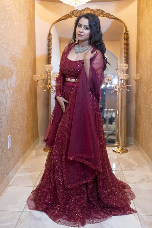 Maroon Sequin Bridal Lehenga Set