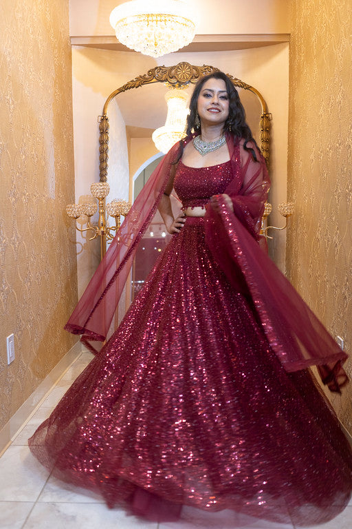 Maroon Sequin Bridal Lehenga Set