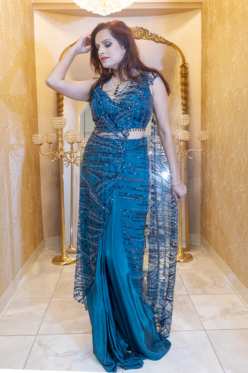 Teal Linear Sequin Pre-Draped Saree