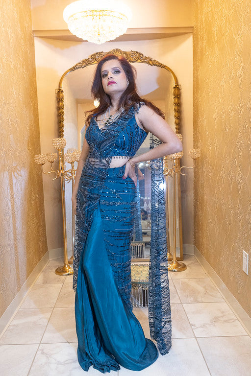 Teal Linear Sequin Pre-Draped Saree