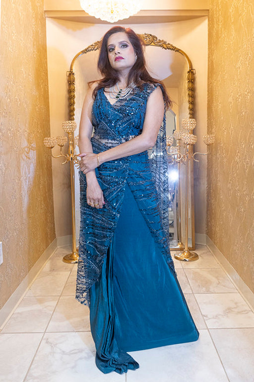 Teal Linear Sequin Pre-Draped Saree
