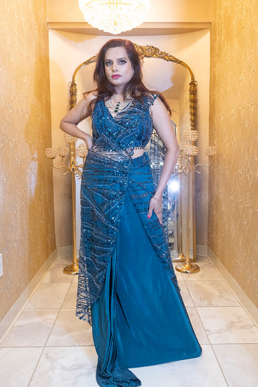 Teal Linear Sequin Pre-Draped Saree