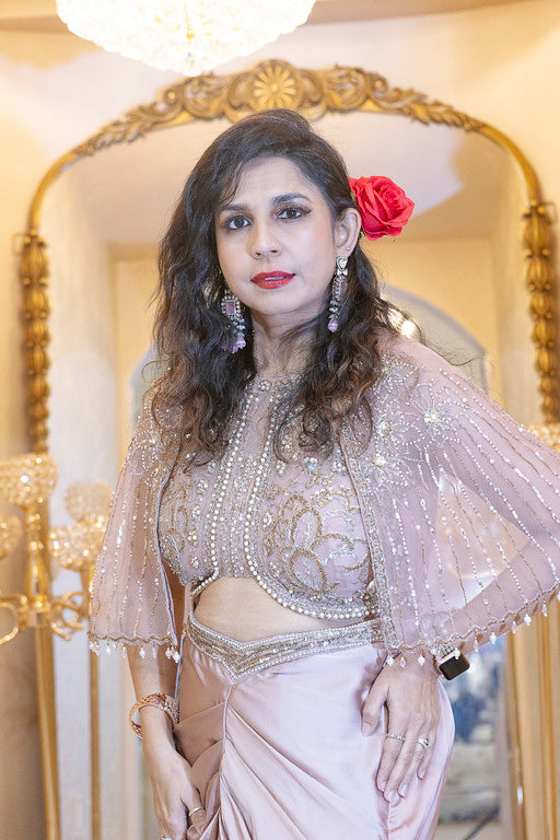 Blush Pink Pre-Stitched Drape Saree with Cape Blouse