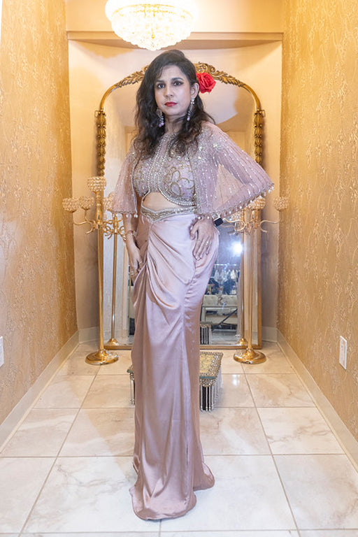 Blush Pink Pre-Stitched Drape Saree with Cape Blouse