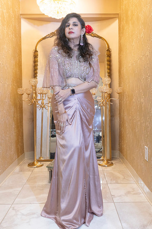 Blush Pink Pre-Stitched Drape Saree with Cape Blouse