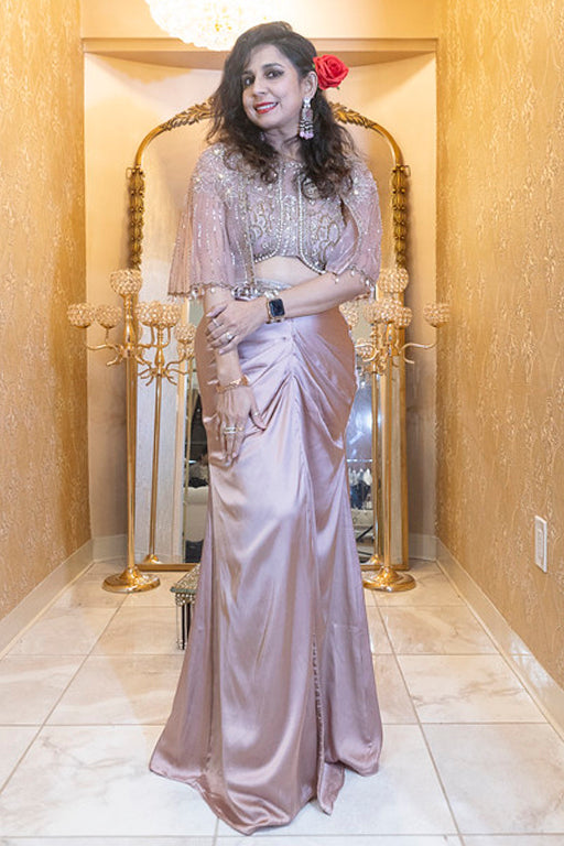 Blush Pink Pre-Stitched Drape Saree with Cape Blouse
