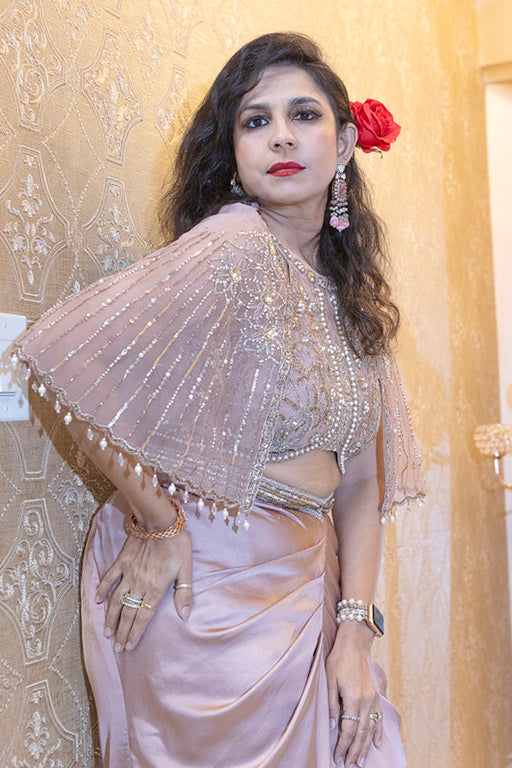 Blush Pink Pre-Stitched Drape Saree with Cape Blouse