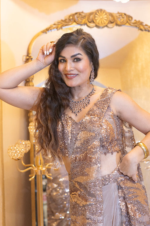 Champagne Gold Sequin Pre-Stitched Saree Gown