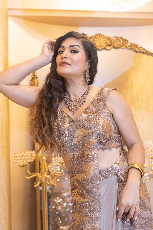 Champagne Gold Sequin Pre-Stitched Saree Gown