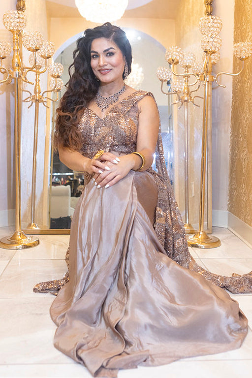 Champagne Gold Sequin Pre-Stitched Saree Gown