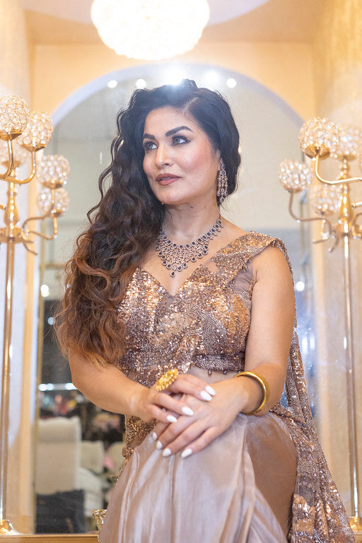 Champagne Gold Sequin Pre-Stitched Saree Gown