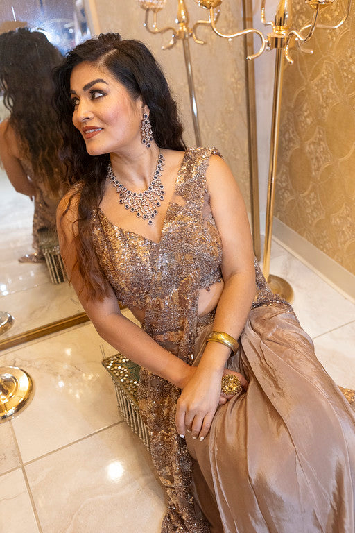 Champagne Gold Sequin Pre-Stitched Saree Gown