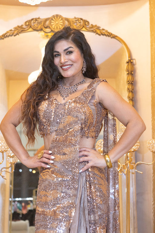 Champagne Gold Sequin Pre-Stitched Saree Gown