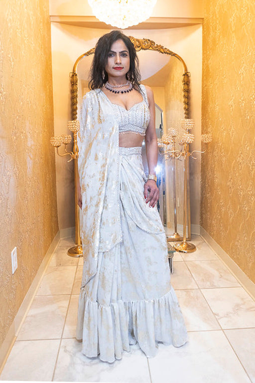 Ivory & Gold Sequin Indo-Western Lehenga Saree