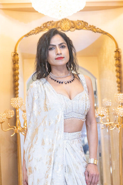 Ivory & Gold Sequin Indo-Western Lehenga Saree