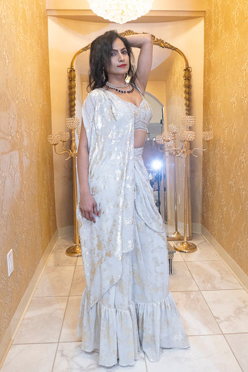 Ivory & Gold Sequin Indo-Western Lehenga Saree