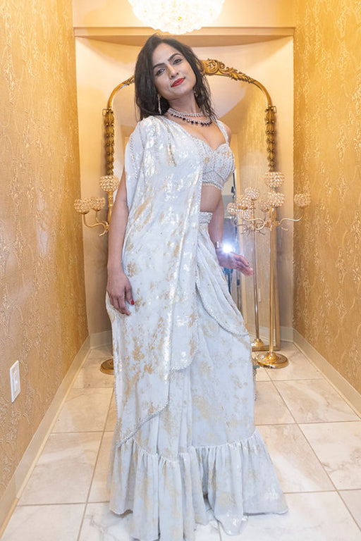 Ivory & Gold Sequin Indo-Western Lehenga Saree