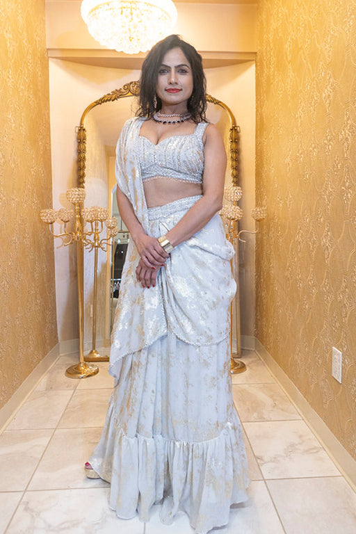 Ivory &amp; Gold Sequin Indo-Western Lehenga Saree