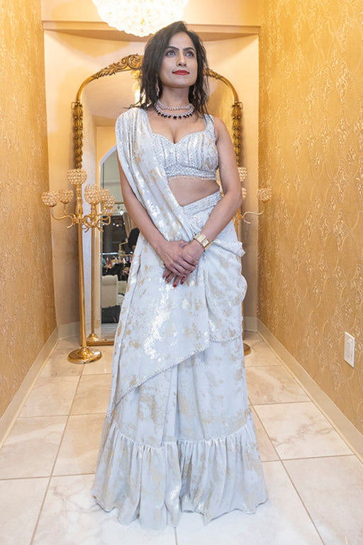 Ivory & Gold Sequin Indo-Western Lehenga Saree