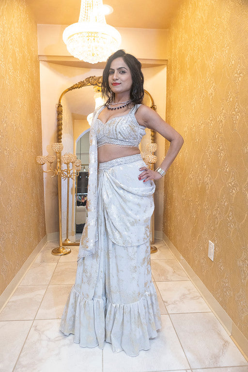 Ivory & Gold Sequin Indo-Western Lehenga Saree
