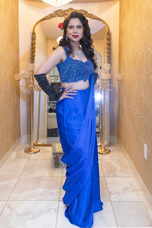 Royal Blue Fusion Saree with Beaded Bustier