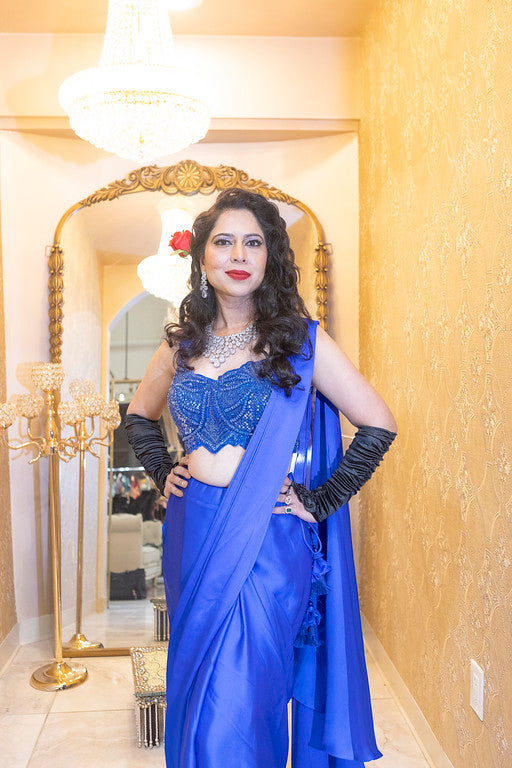 Royal Blue Fusion Saree with Beaded Bustier
