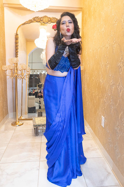 Royal Blue Fusion Saree with Beaded Bustier