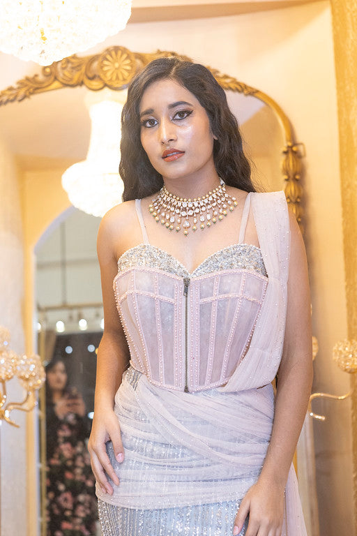 Silver Sequined Corset Gown with Mauve Draped Dupatta