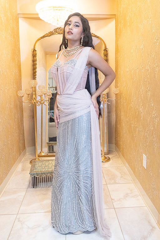 Silver Sequined Corset Gown with Mauve Draped Dupatta